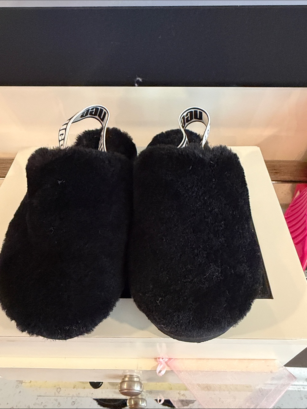 UGG Kids Black Fuzzy Slip-On Slippers